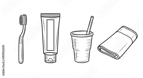 Toothbrush, Toothpaste, Cup, and Towel - Daily Oral Hygiene Essentials Line Art
