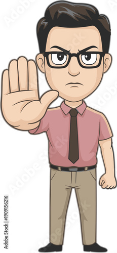 Cartoon businessman showing stop gesture with raised hand, serious male character illustration representing refusal, warning, rejection, prohibition, and boundary setting concept