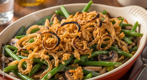Delicious green bean casserole with crispy fried onions