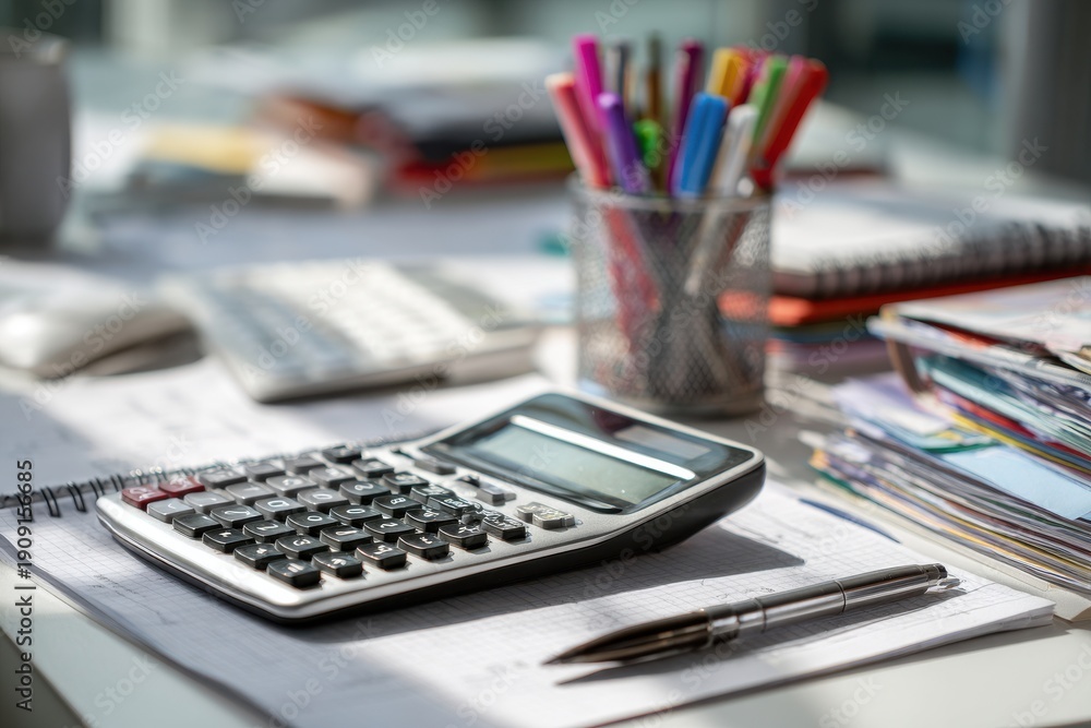 Fototapeta premium Financial Analyst Desk, Calculator, Graph Paper, Pens, Impeccable Organization, Bright Direct Light.