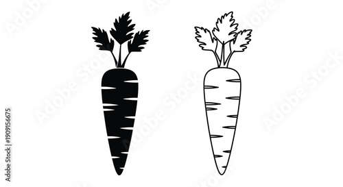 Two carrot illustrations in black and white differing in shading