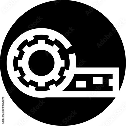 Film reel icon with a central gear design and filmstrip extending, representing cinema, movie production, and entertainment media industry concepts in a black circle