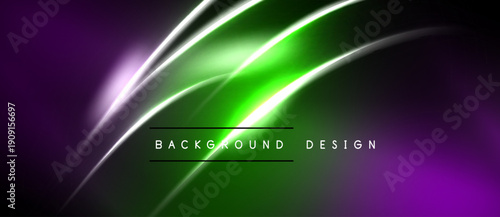 Abstract neon lines create dynamic purple, green gradient. Modern background design with glowing light effects. Smooth curves, dark space.