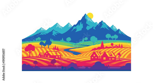 Colorful vector illustration of a mountain landscape with village and sun