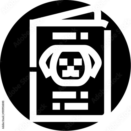 Dog passport document outlining pet travel requirements and identification details, representing animal care, regulations, and responsible pet ownership in a minimalist black and white icon
