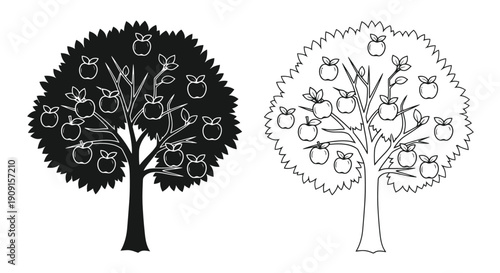 Two apple trees depicted in contrasting black and white styles