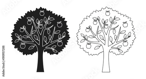 Two apple trees depicted in contrasting black and white styles
