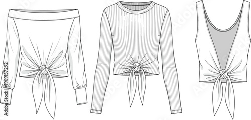 Fashionable Women's Clothing Design: Three Tie-Front Tops - Off-Shoulder, Ribbed Long-Sleeve, and Sleeveless, Perfect for Fashion Design Projects and Garment Mockups