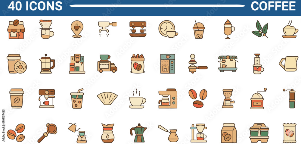 Obraz premium Collection of coffee-themed icons featuring various coffee-related elements and objects in a flat design style