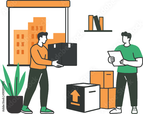 Warehouse workers moving boxes and checking inventory