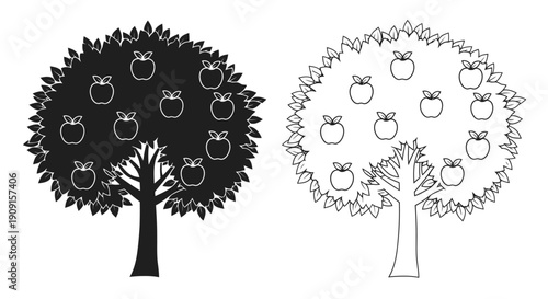 Two apple trees depicted in contrasting black and white styles