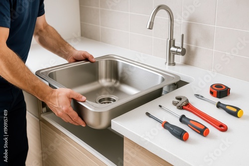Installation of a brand new stainless steel kitchen sink by a skilled plumber, with tools displayed on the countertop, ready for a seamless plumbing project.