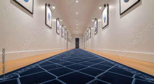 Elegant hallway with blue carpet and framed art.