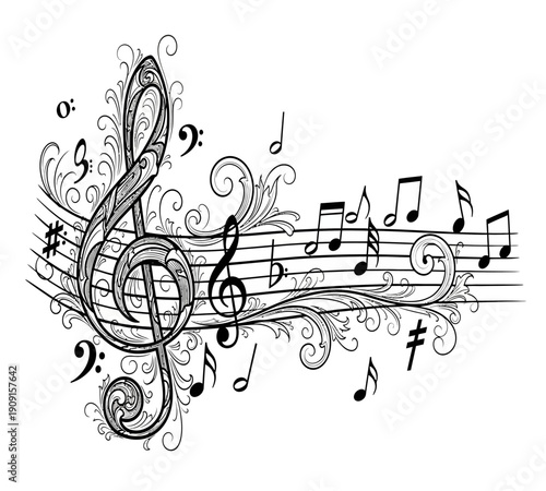 An ornate black and white illustration features musical notes clef symbols and swirling decorative lines