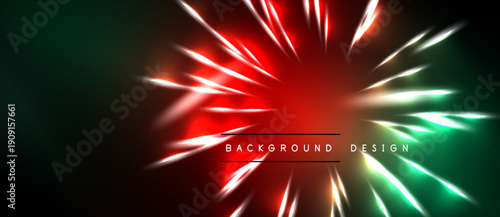 Abstract design features vibrant red, green light streaks radiating from central point. Dark background enhances glowing effect.