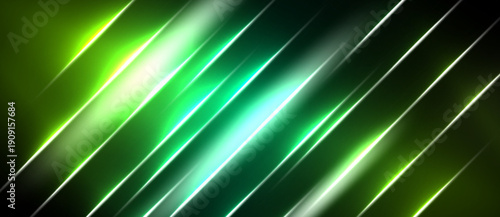 Abstract green lines create dynamic diagonal pattern. Bright glow emanates from center, fading towards edges. Modern, energetic visual.