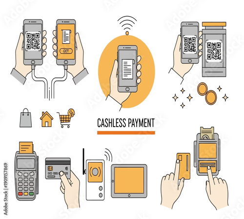 Illustrative depiction of various cashless payment methods including mobile phones cards and qr codes high quality