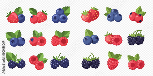 Collection of various fresh berries including strawberries, blueberries, raspberries, and blackberries, with green leaves, on a transparent background.