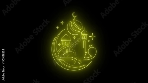 Neon Eid Mubarak Animation with Glowing Mosque Crescent Moon and Stars on Black Background for Ramadan Celebration