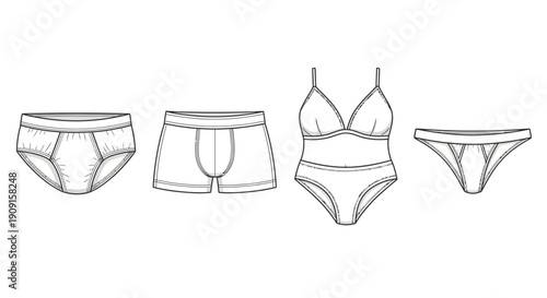 Set of Underwear Styles: Briefs, Boxer Briefs, Bralette, and Bikini Bottoms