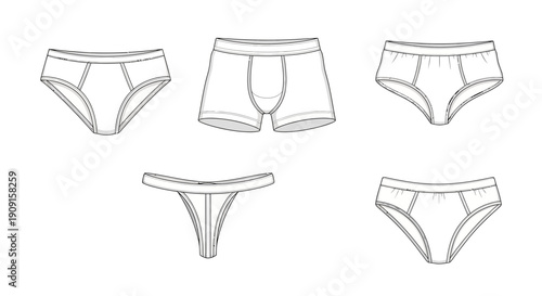 Set of Underwear Types: Briefs, Boxer Briefs, Thong, Bikini - Line Art Illustration