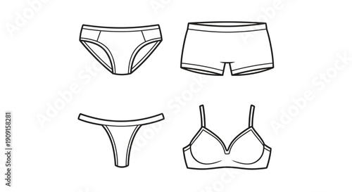 Set of women's underwear: bra, panties, thong, and boxer briefs, line art illustration