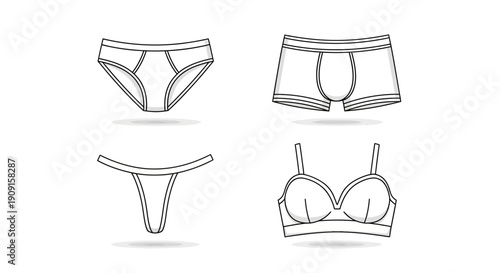 Set of Underwear Types: Briefs, Boxer Briefs, Thong, and Bra - Line Art Illustration