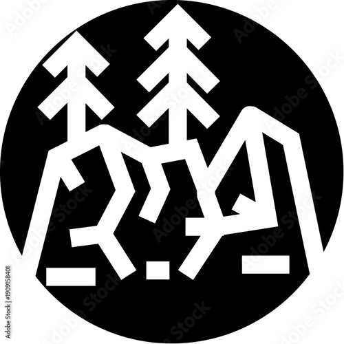 Mountain forest landscape experiencing a landslide or avalanche, illustrating natural disaster, danger, and environmental risk in a black and white glyph icon style