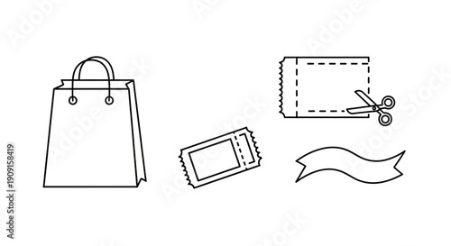 Shopping bag, tickets, scissors, and ribbon icons on white background - vector illustration