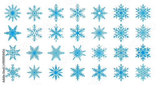 Collection of Blue Snowflakes on White Background - Winter Holiday and Christmas Design Elements