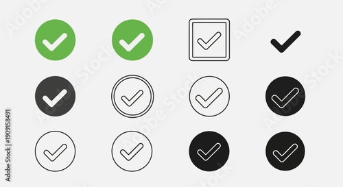 Collection of Check Mark Icons: Green, Black, Outline, Square, Circle - Success, Approval