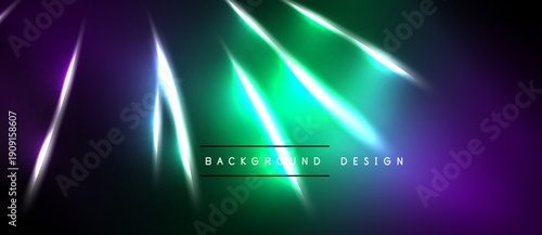 Abstract background features vibrant neon lines. Gradient transitions from purple to green create dynamic visual effect. Dark areas emphasize luminosity.