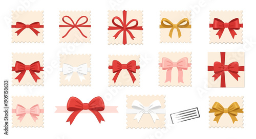 Collection of Decorative Gift Bows and Ribbons on Beige Background