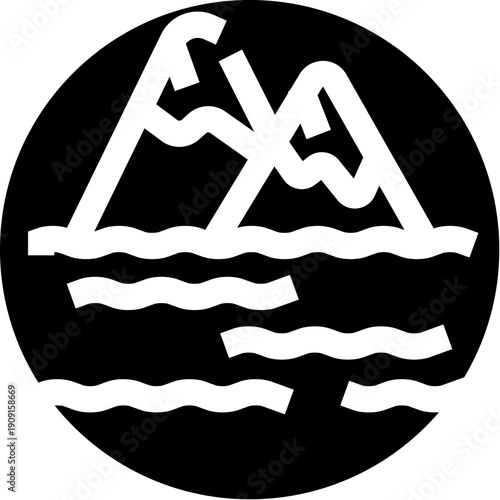 Minimalist abstract black and white icon representing a mountain range rising from the ocean with curving waves, symbolizing nature, travel, and adventure in a simple graphic form