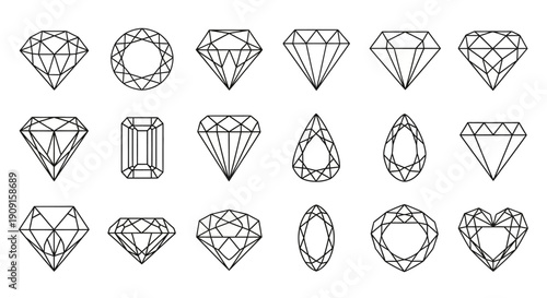 Collection of Diamond Gemstone Cuts and Facets - Vector Line Art Illustration