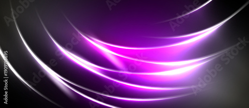 Abstract purple light streaks flow across dark background. Dynamic curves create modern, energetic visual impact.
