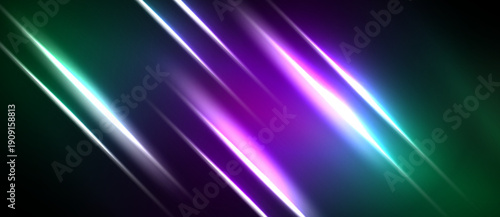 Abstract lines create vibrant energy. Purple, green hues dominate dark background. Bright streaks suggest speed, motion.
