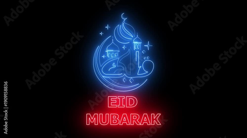 Neon Eid Mubarak Animation with Glowing Mosque Crescent Moon and Stars on Black Background for Ramadan Celebration