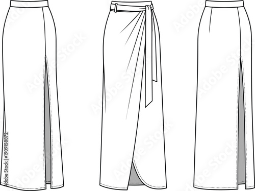 Fashion-Forward Maxi Skirt Designs: A Line Art Illustration Collection for Style Guides and Pattern Making (Front, Side, and Angled Views)