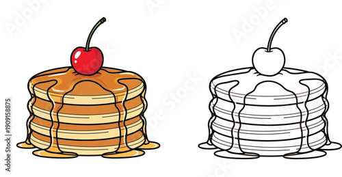 Stack of pancakes with dripping syrup and cherry, vector illustration coloring page for kids.