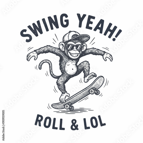 Cool Monkey Skateboarder with Sunglasses and Cap Swing Yeah Roll and LOL.