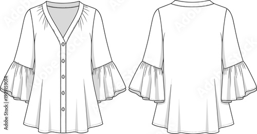 Fashionable Blouse Design: Technical Drawing of a Flowing V-neck Top with Bell Sleeves for Apparel Mockups and Pattern Making, Ideal for Fashion Industry Professionals