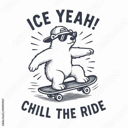 Cool Polar Bear Skater with Sunglasses and Cap Riding Skateboard.