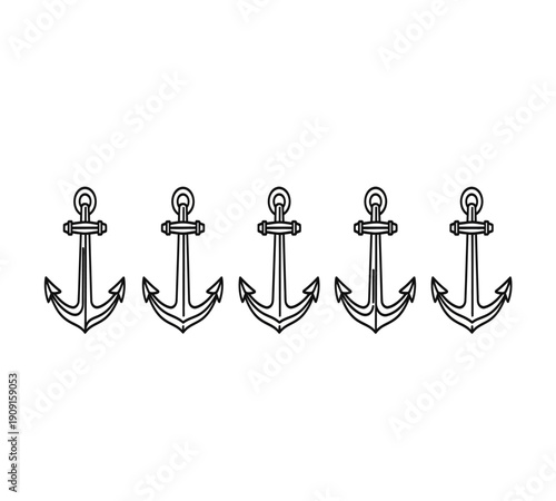 A row of five identical detailed nautical anchors depicted in a simple black and white illustration