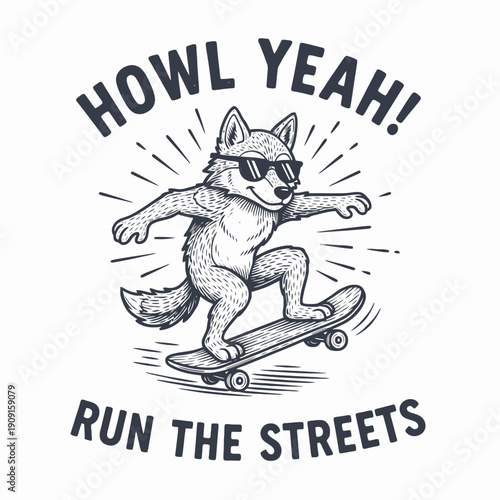 Cool Wolf Skater with Sunglasses Howl Yeah Run the Streets.