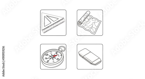 Set of drawing and navigation tools: triangle ruler, map, compass, eraser