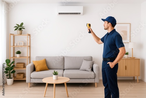 A male technician using a thermal imaging camera to inspect an air conditioner, standing in a bright and modern living room with contemporary furniture.