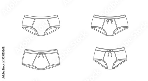 Set of four different styles of women's underwear line drawings, front view