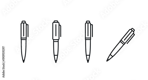 Set of Four Pen Icons: Three Upright, One Angled, Black Outline on White Background