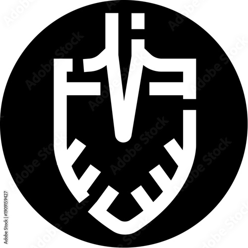 Shovel tool icon illustrating concepts of digging, construction, burial, foundation, or gardening, presented in a black circular badge with white abstract lines